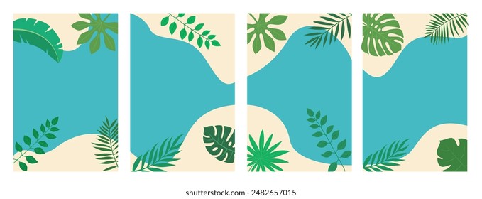 Set summer cards, banners, flyers with tropical palm leaves. Abstract Summertime backgrounds Template for your design, sales, social media, web. Vector Illustration.