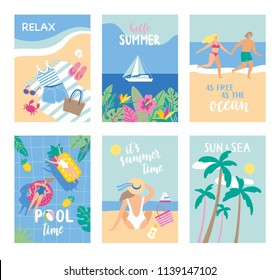 Set of summer cards in cartoon style. Vector illustration.