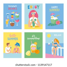 Set of summer cards in cartoon style. Vector illustration.