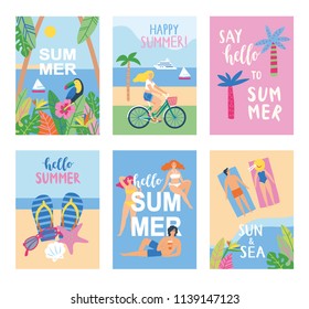 Set of summer cards in cartoon style. Vector illustration.