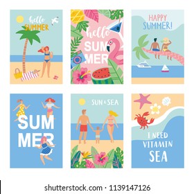 Set of summer cards in cartoon style. Vector illustration.