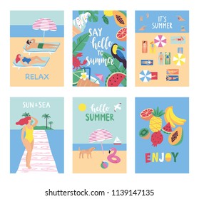 Set of summer cards in cartoon style. Vector illustration.