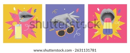 Set of summer cards with collage designs. Hand holding sunglasses, open mouth, lemonade glass and ice cream. Summertime, vacations concept. Vector illustration