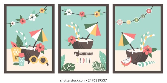 Set of Summer cards. Cool Cocktail in Coconut. Tropical beach drink with umbrella, straw, exotic flower. Summer drink, beach elements for party, holiday, relax. Vector flat cartoon illustration