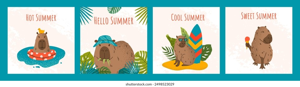 Set summer cards with cute capybaras, tropic leaves, ice cream, surfboard and typography. Grunge texture and noise effects. Hand drawn template in modern style. For poster, cover, background, label.