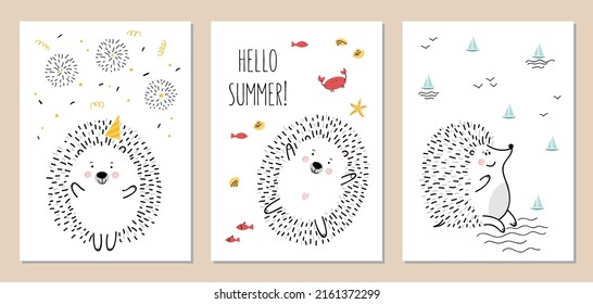 Set of summer cards with cute hedgehog