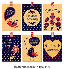 Set of summer cards. Cute posters with birds, flowers, leaves, text on a dotted background