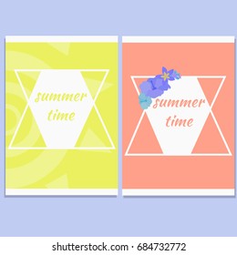A set of summer cards with figures, flowers and sun; There is space for your text