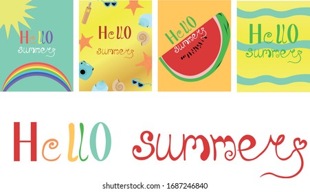 Set of summer cards, flyers. Hello summer. Lettering, calligraphy. Fruit, sea and relaxation. Blue and yellow design.
