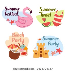 Set of summer cards with holiday elements and calligraphy quotes- sun, watermelon, ice cream, and other. Positive phrases for stickers, postcards or posters. Hello summer quotes.