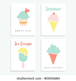 Set of summer cards  with ice cream, sundae, popsicle in pastel colors, vector  illustrations