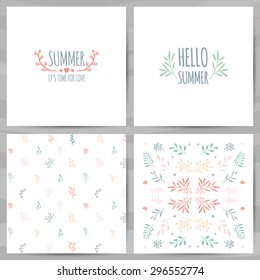 Set of summer cards, invitations, template design. The pattern of leaves, branches, plants and flowers. Pastel colors. Vector.