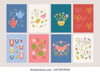 Set of summer cards with kettle, cup, hen, goose, flowers, bows, jam, strawberry, butterfly, pear, bellflower in scandinavian style. Perfect for seasonal holidays. Vector illustration