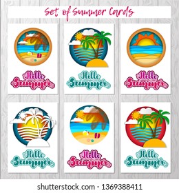 Set of summer cards with summer landscapes and lettering. Vector illustration for cards, banners, posters, flyers, stickers and much more.