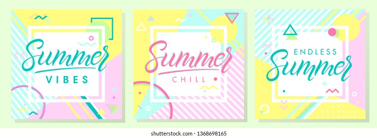 Set of summer cards in memphis style.Abstract design templates perfect for prints,flyers,banners,invitations,covers,social media and more.Summer vibes,summer chill,endless summer