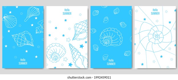 Establece tarjetas de verano perfectas para impresiones, volantes, banners, invitaciones, ofertas especiales. Ilustración de moda dibujada a mano en estilo plano minimalista. Ilustración vectorial.