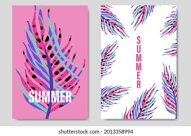 Set summer cards perfect for prints, flyers, banners, invitations, special offer. Tropical background. Palm trees. Summer landscape. Summer vacation concept. Vector illustration.