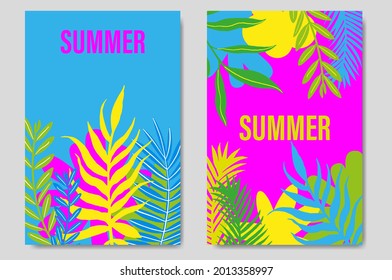 Set summer cards perfect for prints, flyers, banners, invitations, special offer. Tropical background. Palm trees. Summer landscape. Summer vacation concept. Vector illustration.