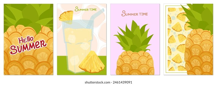 Set of summer cards with pineapple. Vector illustration isolated on white background. For poster, card, scrapbooking, stickers