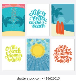 Set of Summer cards, posters with hand made lettering and background illustration