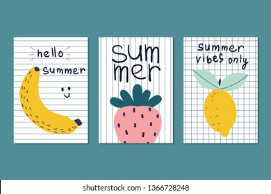 Set of summer cards or posters with tropical fruits and strawberry. Vector hand drawn illustration.