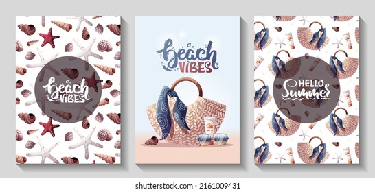 Juego de tarjetas de verano. Bolsa de ratán, conchas, protector solar, gafas de sol. Vacaciones en la playa, vacaciones de verano, ocio, concepto de ocio. Ilustraciones de vectores A4. Postal, portada, afiche.