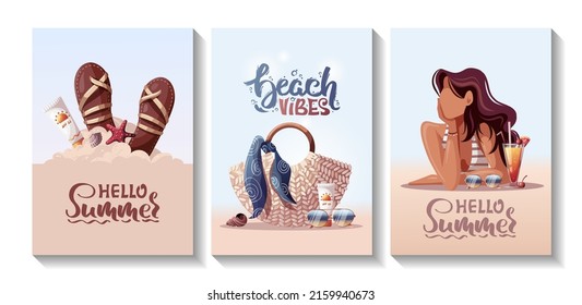 Set of summer cards. Sandals, rattan bag, seashells, sunscreen, woman in swimsuit. Beach Holidays, Summer vacation, Leisure, Recreation concept. A4 Vector Illustrations. Postcard, cover, poster.