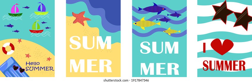 Set with summer cards. Sea travel - fish, sea, ships. Vector illustration for gifts, banners, brochures, congratulations and invitations. Summer time for tourism.