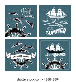 Set of summer cards with silhouettes of dolphins and ships. Vector illustration
