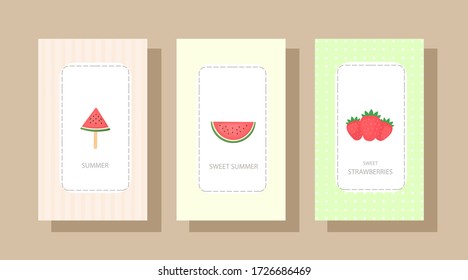 Juego de cartas de verano con una tajada de sandía y fresas jugosas. Ilustración vectorial del dibujo ecológico vegetariano de alimentos sanos.