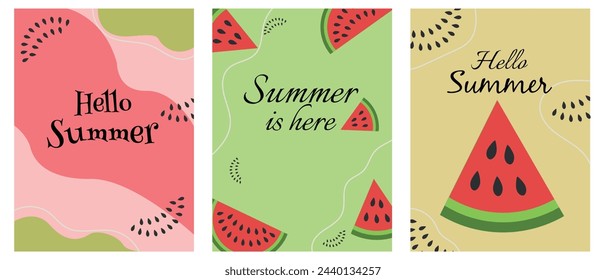 Conjunto de tarjetas de verano con una rebanada de sandía sobre un fondo de cama. cubiertas abstractas modernas, carteles coloridos con flujo de fluido de onda. Ilustración vectorial.