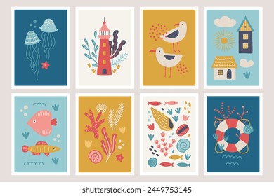 Set of summer cards with starfish, jellyfish, seagulls, houses, fishes, seaweeds, shells, lifebuoy in scandinavian style. Perfect for seasonal holidays. Vector illustration