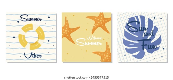  Set of summer cards with starfish, life ring, and palm leaf vector illustration. The set is great for banners, posters, or social media posts. It is a vector illustration.