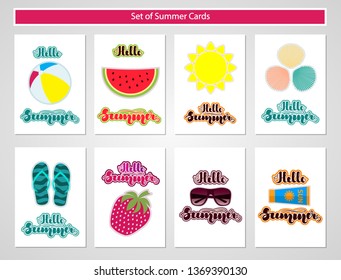 Set of summer cards with summer symbols and lettering. Vector illustration for cards, banners, posters, flyers, stickers and much more.