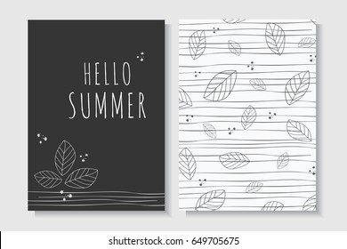 Set Of Summer Cards Template In Black And White.Hand Draw Leaf  Vector Patterns For Backgrounds And Brochures.