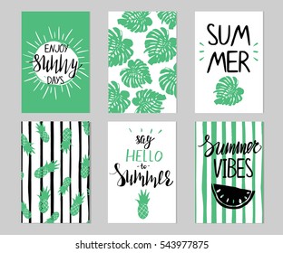 Set of summer cards. Templates in green and black colors with pineapples, leaves, lines and modern hand lettering quotes