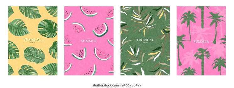 Conjunto de tarjetas de verano con hojas tropicales, trozos de sandía, palmeras. Diseño moderno con textura granulada. Fondos para cubiertas, Materiales promocionales, carteles, ventas y más.