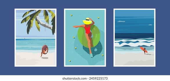 Set of summer cards. Summer vacation. The postcard shows women relaxing and enjoying their vacation. Trendy vector illustration.