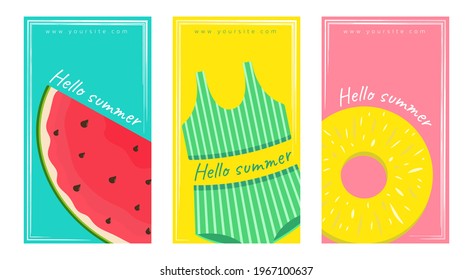 Set of summer cards with watermelon, swimwear and pineapple. Template for post, banner in social networks, stories, advertising. Vector illustration.