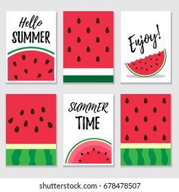 Set of summer cards with watermelon textures and slices. Vector template