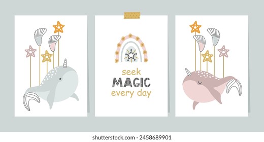 Set of summer cards with whales and seashells. Hand lettering. Vector illustration