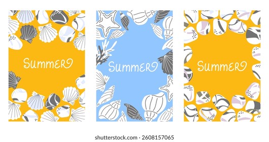 Set of summer cards with white seashells, pebbles, and marine elements. Bright yellow and blue colors. For invitations, postcards, prints, and beach-themed designs