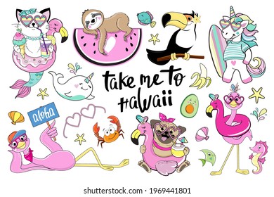 Set of summer cartoon animals stickers. Vector illustration of funicorn, toucan, flamingo, pug dog, sloth, cat mermaide. Design for t-shirts, greeting card, birthday