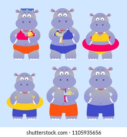 Set of summer cartoon hippos, vector illustration 