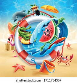 set of summer characters on the beach