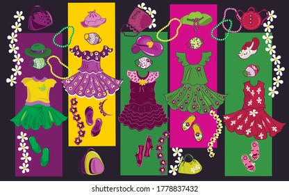 Set of summer children's clothing for girls. Vector illustration, poster.
