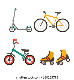 A set of summer children's modes of transport - a bicycle, scooter, rollers. Flat vector illustration isolated on white background