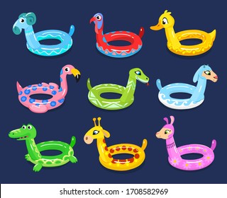 Set of summer circle animal floats for swim vector illustration. Childrens inflatable ring floater cartoon design. Holiday fun and pool party concept. Isolated on deep blue