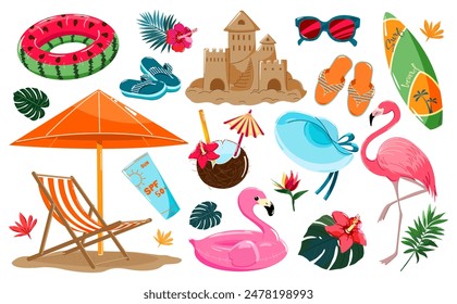 A set of summer clip art for scrapbooking, design elements for posters, flyers and banners. Includes a sand castle, chaise lounge, swim lap, flamingo, tropical flowers, cocktail, surfboard, summer hat