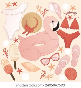 set of summer cliparts, isolated illustrations for beach design, illustrations for cards, bright images of summer accessories (inflatable rings, flip flops, swimsuits, ice cream)